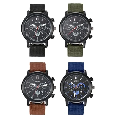 Afbeelding van JewelryWe 4 stuks polshorloge heren nylon armband analoog kwarts horloge #51357