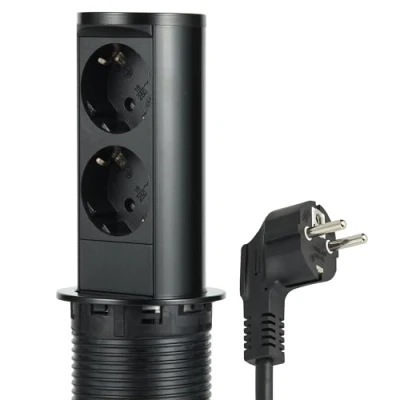 Afbeelding van Electraline 62586 Intrekbare pop up stekkerdoos voor bureau/tafel Ingebouwd stopcontact 2 Schuko stopcontacten, standaard diameter 60 mm, m kabel, stekker, zwarte roestvrijstalen behuizing