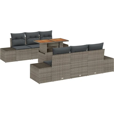 Afbeelding van vidaXL 7 delig tuin eetset met kussens grijs poly rattan acacia