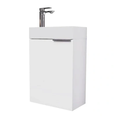 Afbeelding van Planetmöbel wastafel met badmeubel 40cm in wit &amp; kraan chroom, badkamermeubelset voor badkamer, gastentoilet