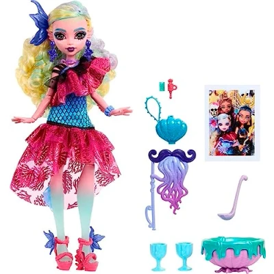 Afbeelding van Monster High Muñeca Ball, azul lagoona en vestido de fiesta con accesorios temáticos, incluyendo globos y ponche