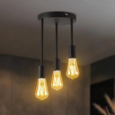 Afbeelding van ANWIO LED plafondspot 3 vlammen rond zwart, hangende plafondlamp vintage E27 industriële plafondspots voor eetkamer keuken hal woonkamer (zonder lamp) EUC EA190814 27 03CB 1U