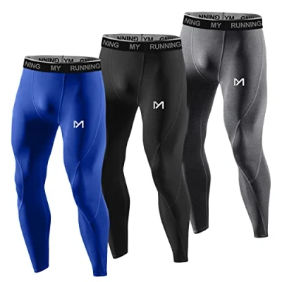 Afbeelding van MEETYOO Mannen Leggings, Sport Compressie Panty Sneldrogende Basislaag Bodem Training Broek Voor Running Fietsen Workout Gym, Blauw+zwart+grijs, M