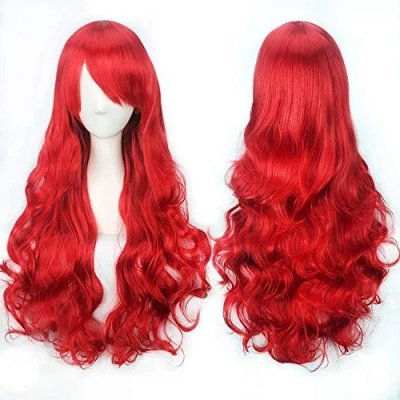Afbeelding van Colorfulpanda lange golvende cosplay rode pruik voor vrouwen vol haar met pony krullende synthetische meisjes anime Halloween kostuum party pruik, 80 cm