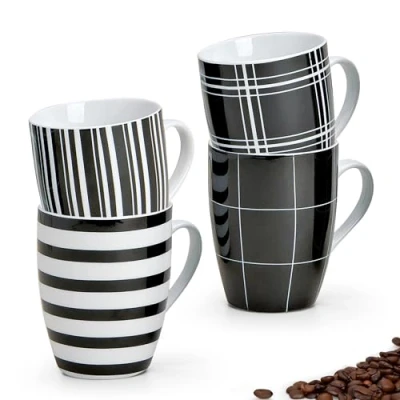Afbeelding van Matches21 mokken koffiemok koffiemokken met opvallende zwart witte strepen &amp; ruitdessins porselein set van 4 gesorteerd 10 cm 300 ml