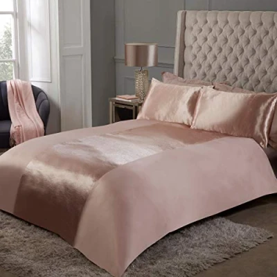 Afbeelding van Sleepdown Satijnen streep champagne paneel band luxe zachte gezellige effen omgekeerde dekbedovertrek set met kussenslopen Super King (220 cm x 260 cm), polyester