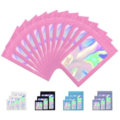 Afbeelding van Rimiko 150st Hersluitbare Mylar Zak, Ritssluiting Plastic Zakjes voor Voedsel, Rits Aluminiumfolie Zakken met Doorzichtig Venster, Ziplock Kleurverpakking (Roze holografisch, 9x16 cm)