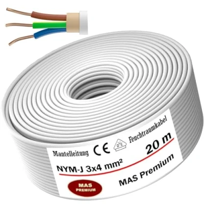 Afbeelding van MAS Premium kabel voor vochtige ruimtes stroomkabel van 5 tot 100 m mantel NYM J 3x4 mm² elektrische ring vaste installatie (20 m)