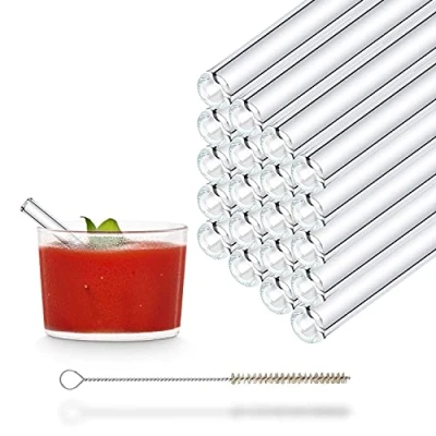 Afbeelding van Halm glazen rietjes, herbruikbaar rietje, 20 stuks, kort recht 10 cm + plasticvrije reinigingsborstel, vaatwasmachinebestendig, duurzaam, rietjes voor shotglazen
