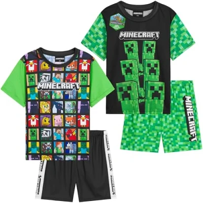 Afbeelding van Get Trend Jongens pyjama 1 of 2 stuks korte mouwen set voor kinderen tieners loungewear nachtkleding comfortabele geschenken jongens, Groene Minecraft Pack, 11 12 jaar