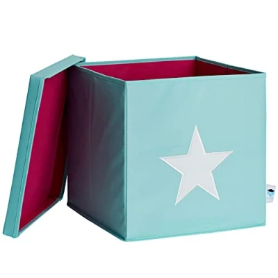 Afbeelding van Love it Store Opbergdoos met deksel Stoffen doos voor op de plank Vierkant en extra stevig Turquoise witte ster 33x33x33 cm