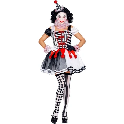 Afbeelding van Widmann Harlequin Kostuum Haha Harlekijn Hofnar Vrouw Zwart / Wit Small Carnavalskleding Verkleedkleding