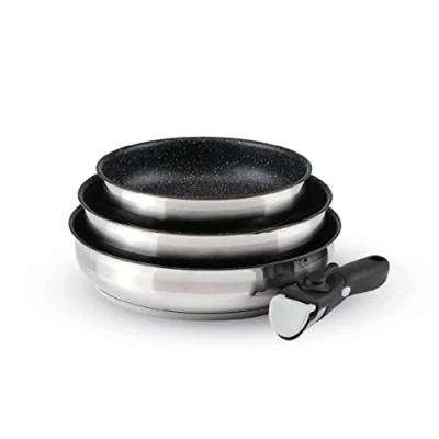 Afbeelding van Qulinart by Brandt 4 delige inductiekookset set met 3 pannen antiaanbaklaag 20, 24 en 26 cm afneembare handgreep roestvrij staal voor alle vuur PFOA vrij zilver/zwart