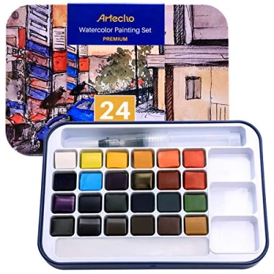 Afbeelding van Artecho Aquarelverfset, 24 kleuren premium aquarelverfset inclusief aquarelpen, lichtgewicht en draagbaar, aquarelverf voor kunstenaars beginners