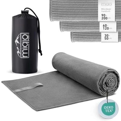 Afbeelding van Miqio Sport Microvezel handdoek met structuur, ultralicht en sneldrogend, 90 x 200 cm, veelzijdig te gebruiken als reishanddoek, strandhanddoek, badhanddoek, voor sport, fitness, vrije tijd