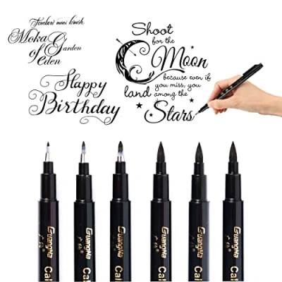 Afbeelding van O Kinee Kalligrafiepennen, handlettering, kaligrafiestiften, set, 6 stuks, zwarte viltstiften, penseelstift voor schrijven, tekenen, bullet journal, schoolnotities en doe het zelf geschenken (4 maten)