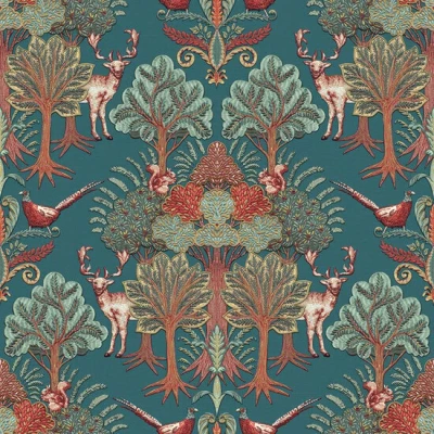 Afbeelding van Dutch Wallcoverings Tapestry TP422305 Nordic Deer Forest Petrol Blauw