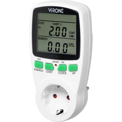 Afbeelding van Energiemeter Verbruiksmeter elektriciteit max. 3680 Watt met LCD display Kwh meter voor in stopcontact Schuko Stroomverbruik thuis Energiekostenmeter tijd Wit