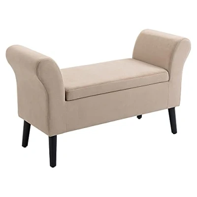 Afbeelding van HOMCOM bank gestoffeerde met opbergruimte armleuningen borstbank moderne gang slaapkamer woonkamer fluweelzacht polyester rubber hout beige 115,5 x 43,5 66 cm