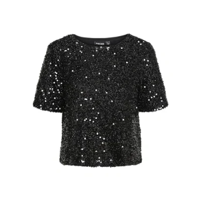Afbeelding van Pieces T shirt Pcserena Sequin Ss O neck Top Mm Jr 17150886 Black/black Sequ Dames Maat S