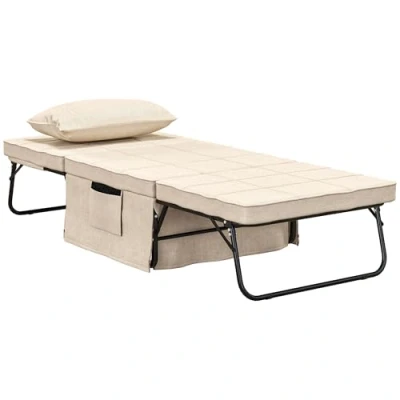 Afbeelding van HOMCOM Verwarmde slaapstoel, ligstoel en poef, 4 in 1, met rugleuning kantelbaar, 5 posities, 1 zits, kussen opbergtas inbegrepen, voor woonkamer, slaapkamer, crème
