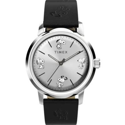 Afbeelding van Timex Heren Marlin automatische pinda&#039;s schets 40mm horloge zwarte band zilverkleurige wijzerplaat roestvrij stalen kast, Zwart