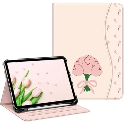 Afbeelding van FINTIE Hoesje compatibel met iPad 10e generatie (2022) 10,9 inch, beschermende standaard meerdere kijkhoeken potloodhouder en zak, automatisch slapen/waken, coquette tulpen