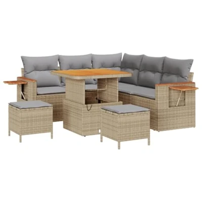 Afbeelding van vidaXL 8 delige Tuin Sofa Set met Kussens Beige Poly Riet Acacia, 3 Eet Acacia