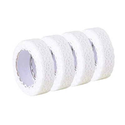 Afbeelding van Kanten lint, 4 rollen wit kant van katoen, zelfklevend, met rand, voor het maken kaarten, handwerk, decoratie, bruiloft, verfraaiing