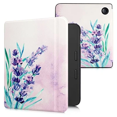 Afbeelding van kwmobile E reader hoesje geschikt voor Kobo Libra 2 hoes flip case met magnetische sluiting Ereader cover Lavendelbloemen design in paars / turquoise
