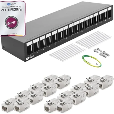 Afbeelding van HB DIGITAL SET: 16 poorts patchpaneelbehuizing voor Keystone modules + 16x Cat.6a RJ45 jack netwerkinstallatie compatibel met installatiekabel LAN Ethernet zwart