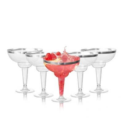Afbeelding van MATANA 12 Herbruikbare Plastic Margarita Cocktailglazen 360ml met Zilveren Rand