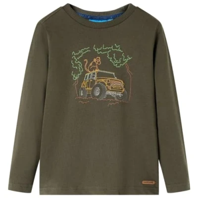 Afbeelding van Kindershirt met lange mouwen terreinwagenprint 104 kakikleurig