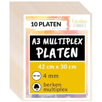 Afbeelding van Creative Deco 10 x A3 Multiplex Platen 4mm 420 300 4 mm Baltische Berkenhoutlaag Perfect voor Pyrografie, Lasersnijden, CNC router, Modellering, Fretwerk, Rolzaag