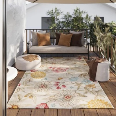 Afbeelding van WECONhome Modern, weerbestendig tapijt voor binnen en buiten, bloemendesign woonkamer, eetkamer, hal, terras balkon, hal (80 x 400 cm, beige)