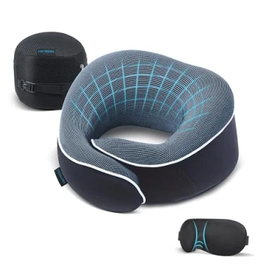 Afbeelding van Proglobe Reiskussen, traagschuim nekkussenset, orthopedisch kussen, reisbenodigdheden om te vliegen, reisset met 3D voorgevormd slaapmasker, oordopjes en luxe mesh tas (blauw)