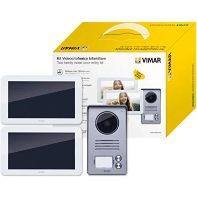 Afbeelding van VIMAR K40936 videospreekalageset, 2 familie, met handsfree touchscreen videohoon LCD 7in, knops beltablet regenbescherming, voeding, accessoires voor AP inbouw, wit, woningen
