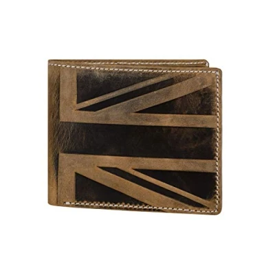 Afbeelding van Hudson &amp; James Designer Londen Real Distressed Lederen Mens Portemonnee met Zip Coin Pocket Creditcard Houder Bifold Purse UK Union Jack, Bruin, M, Casual