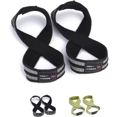 Afbeelding van MOOCY Figuur 8 bandjes voor Deadlift, gewichtheffen, haalt op en gewichtheffen. Heavy Duty katoen, polsbandjes mannen, vrouwen, deadlifts deadlifting (zwart, klein)