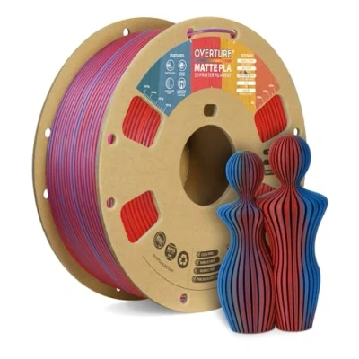 Afbeelding van OVERTURE PLA Matte 3D Printer Filament 1.75mm, 1kg Cardboard Spool (2.2lbs), Dimensional Accuracy +/ 0.02 mm(Matte Blue Red)