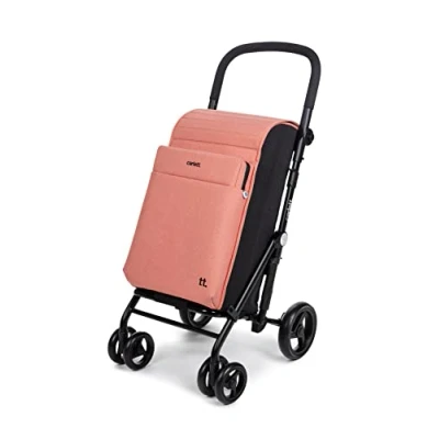 Afbeelding van arlett winkelwagen, opvouwbare supermarktwagen, met 4 regenbestendige wielen en een grote capaciteit van 32 kg, hoofdtas 64 L, thermische tas 12 L achtertas Kleur zalm