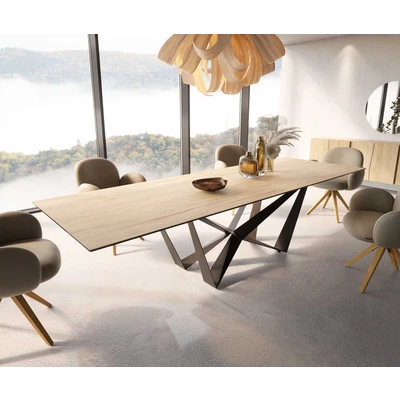 Afbeelding van Eetkamertafel Edge keramiek Laminam® Sabbia eiken kleur 300x100 spider vlak staal zwart