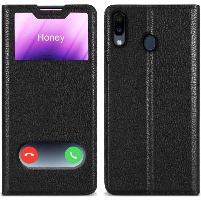 Afbeelding van Cadorabo Hoesje geschikt voor Samsung Galaxy M20 in KOMEET ZWART Beschermhoes met magnetische sluiting, standfunctie en 2 kijkvensters Book Case Cover Etui