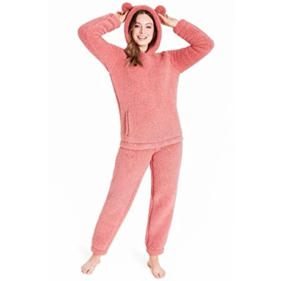 Afbeelding van CityComfort Damespyjama, nachtkleding, fleece pyjama voor vrouwen, 2 delige pluizige loungewear set, zachte warme dames en tieners, Dusky Roze, L