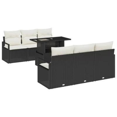 Afbeelding van vidaXL 7 Delige Tuin Sofa Set met Kussens Zwart Poly Rattan, 2 Zits Rattan
