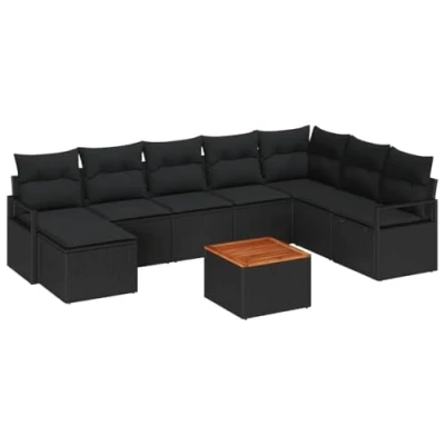 Afbeelding van vidaXL 9 delige tuinsofa set met kussens zwart poly rattan acacia, 2 zits