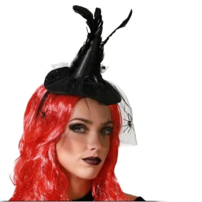 Afbeelding van Halloween heksenhoed mini hoedje op diadeem one size zwart met sluier meisjes/dames Verkleedhoofddeksels