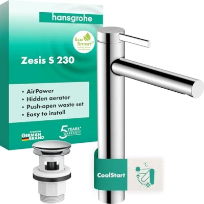 Afbeelding van hansgrohe Zesis S ééngreeps wastafelmengkraan 230 CoolStart voor opzetwastafels, met verzonken afvoergarnituur, chroom, 74732000