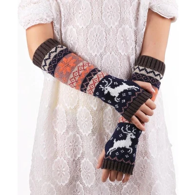 Afbeelding van Polswarmers met rendieren Scandinavische winter armwarmers donkerbruin Gebreide vingerloze lange handschoenen Dames