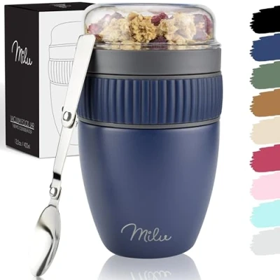 Afbeelding van Milu muesli beker to go 400ml I geïsoleerde yoghurt voor lekvrije met lepel yoghurt/pap (Marineblauw)